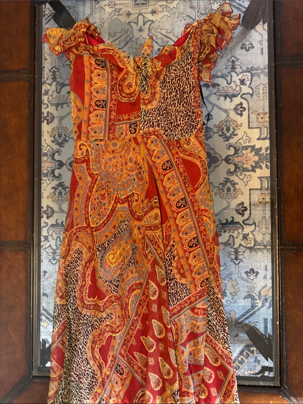 En Focus y2k Studio Red & Gold Paisley Leopard Print Maxi Dress